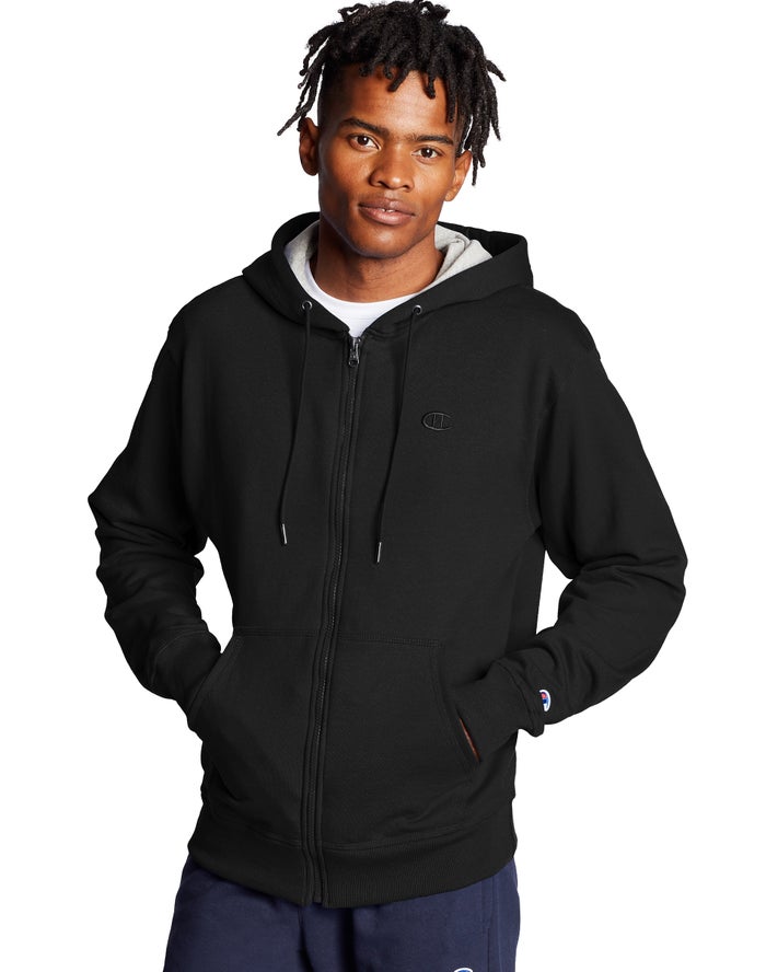 Champion Mens Hoodie NZ - Powerblend Fleece Full Zip C Logo Black ( 5073-FQEID )